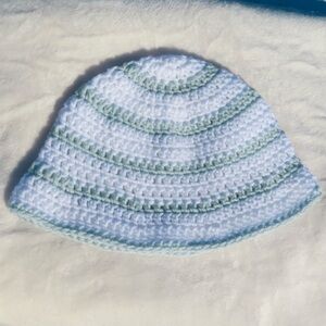 handmade striped white / light blue crochet bucket hat